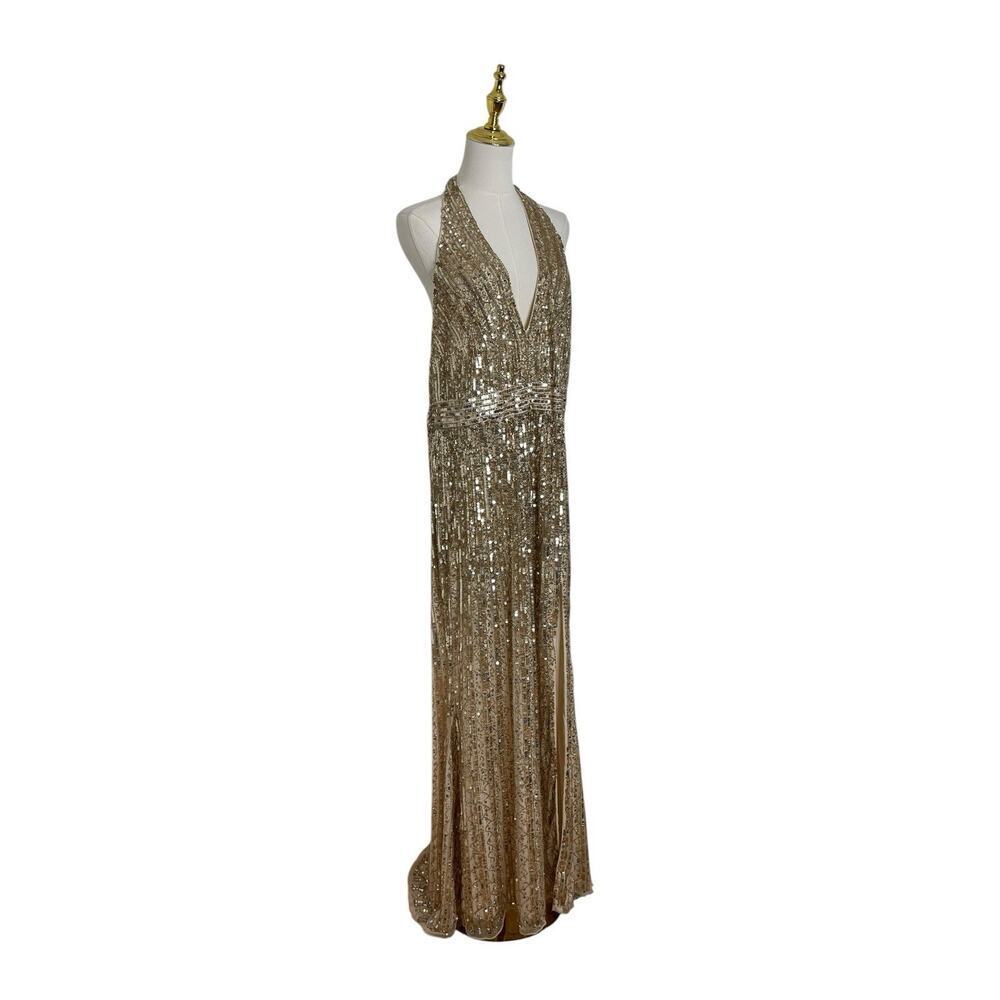 Mac Duggal 5759 Gold Sequined Halter Strap Trumpet Gown Size 16 $498 - Picture 8 of 11